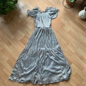 Anthropologie Elegant Silver ruffled warm metallic Maxi Dress